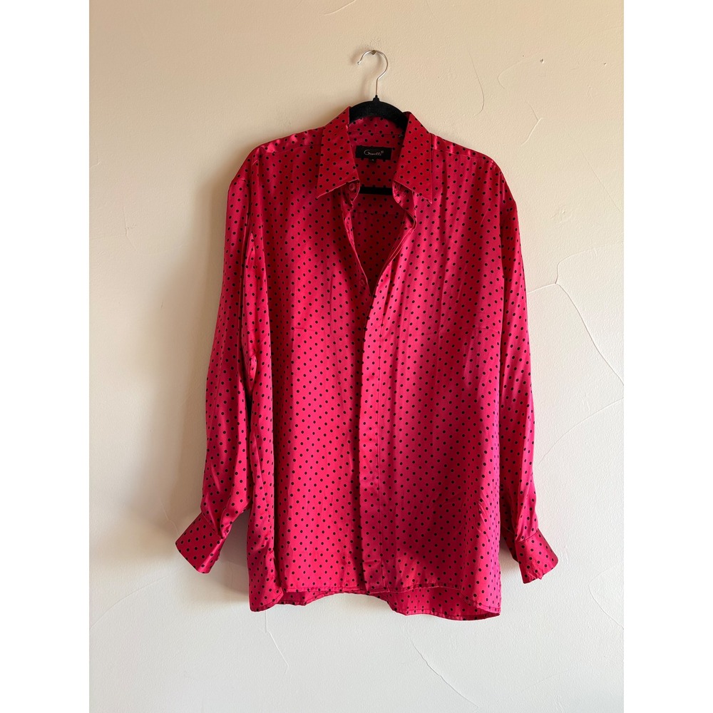 Genelli Red Black Polka Dot Pure Silk Button Up Shirt Long Sleeve M Retro  90s